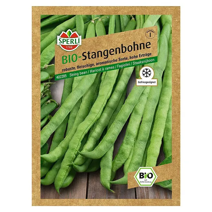 Sperli Gemüsesamen Stangenbohne - Bio, Phaseolus vulgaris, Erntezeit: Juli - Bild einer Samenpackung BIO-Stangenbohne, eine robuste und aromatische Sorte mit hohem Ertrag. Ideal zum Einfrieren.