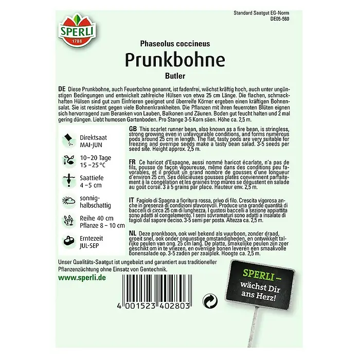 Sperli Gemüsesamen Prunkbohne - Butler, Phaseolus coccineus, Erntezeit: Juli - Samenpackung Prunkbohne 'Butler'.