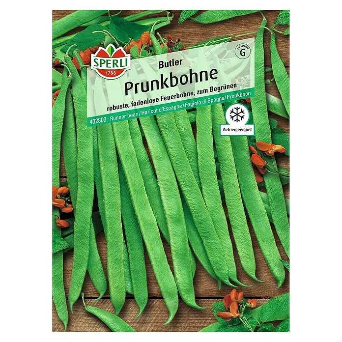 Sperli Gemüsesamen Prunkbohne - Butler, Phaseolus coccineus, Erntezeit: Juli - Abbildung der Samenpackung "Butler Prunkbohne" von Sperli. Robuste, fadenlose Feuerbohnen für den Garten, ideal zum Begrünen.