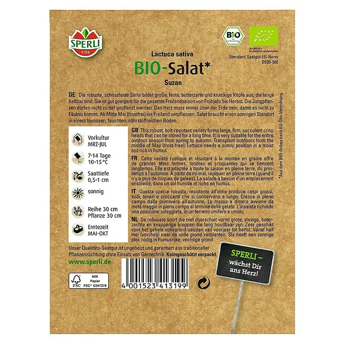 Sperli Salatsamen Bio Kopfsalat - Lactuca sativa, Erntezeit: Mai - Abbildung einer Samenumschlagpackung von 'Bio-Salat Suzan' (Lactuca sativa) der Marke Sperli, zertifiziert biologisch.