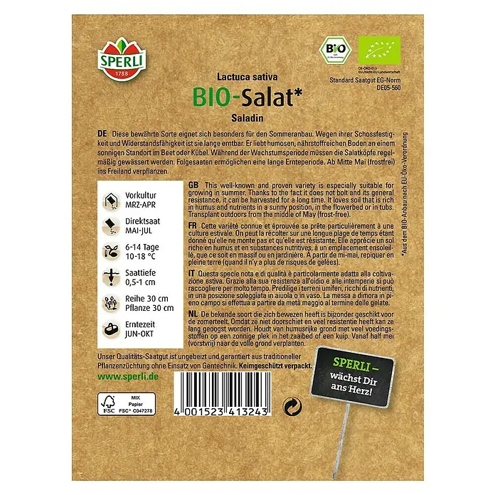 Sperli Salatsamen Bio Eissalat - Lactuca sativa, Erntezeit: Juni - Abbildung der Bio-Salatsamenpackung der Marke Sperli, ideal für den Sommeranbau im Garten oder auf dem Balkon.