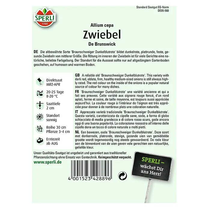 Sperli Gemüsesamen Zwiebel - Allium cepa, Erntezeit: Juni - Samenpackung für 'Braunschweiger Dunkelblutrote' Zwiebeln, einer alten Sorte mit dunkelrotem, festem Fruchtfleisch.