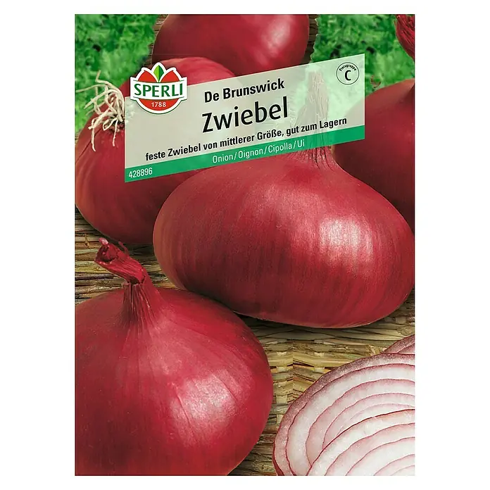 Sperli Gemüsesamen Zwiebel - Allium cepa, Erntezeit: Juni - Abbildung der 'De Brunswick Zwiebel'-Samenpackung von Sperli, die mittelgroße, feste Zwiebeln verspricht, die sich gut lagern lassen.