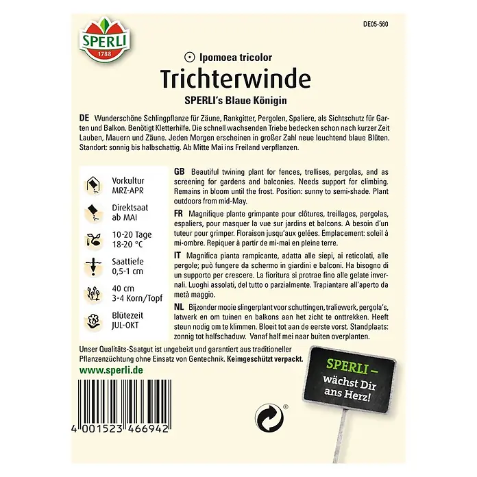 Sperli Blumensamen Kaiserwinde - Ipomoea tricolor, Blau - Produktbild der Trichterwinde 'Sperli's Blaue Königin', einer wunderschönen Schlingpflanze für Gärten und Balkone.