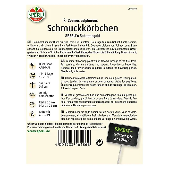 Sperli Blumensamen Schmuckkörbchen - Dianthus barbatus, Mehrfarbig - Samenpackung für Schmuckkörbchen 'Sperli's Rabattengold'. Eine attraktive, halbgefüllte Sommerblume in sonnigen Farbtönen, die Schmetterlinge anlockt.
