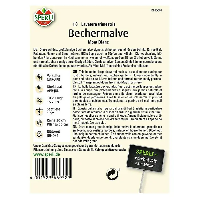 Sperli Blumensamen Bechermalve Mont Blanc - Lavatera trimestris, Weiß - Samenpackung Bechermalve 'Mont Blanc' von Sperli.