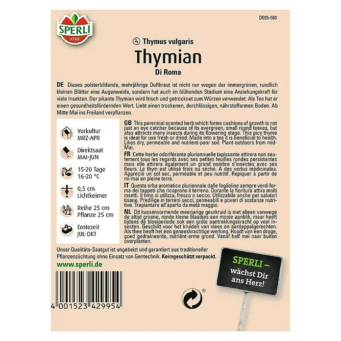 Sperli Kräutersamen Thymian Di Roma - Thymus vulgaris, Saatzeit: Mai, Erntezeit: Juli - SPERLI Thymian Di Roma Saatgutpackung. Mehrjährige Duftpflanze mit immergrünen Blättern, ideal für Kräutergärten.