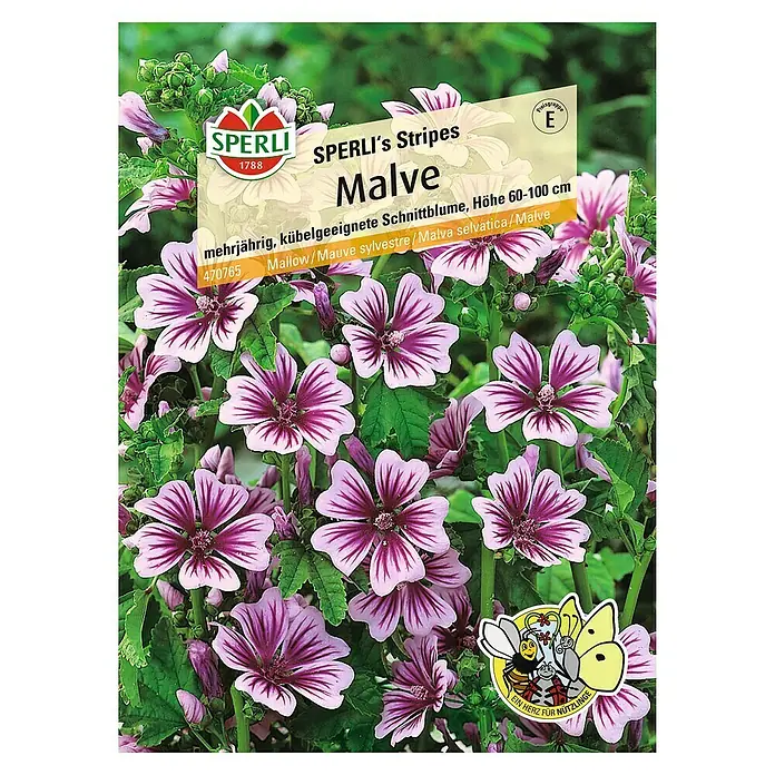 Sperli Blumensamen Malve - Malva sylvestris, Rose - Samenpackung für Sperli's Stripes Malve, eine mehrjährige Schnittblume, die sich für Kübel eignet und 60–100 cm hoch wird.