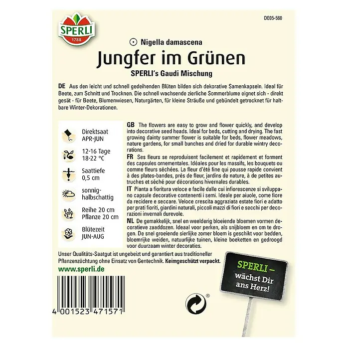 Sperli Blumensamen Jungfer im Grünen - Nigella damascena, Mehrfarbig - SPERLI Jungfer im Grünen Saatgut. Ideal für Beete, Blumenwiesen und Naturgärten. Für kleine Sträuße und Winterdekorationen.