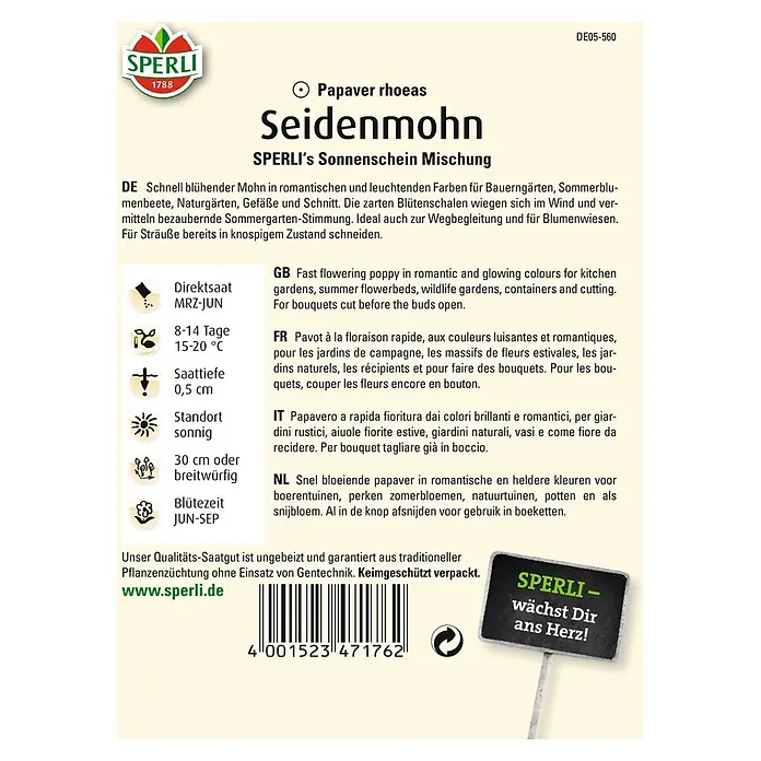 Sperli Blumensamen Seidenmohn - Papaver orientale, Mehrfarbig - SPERLI Seidenmohn-Samenpackung: Romantische, leuchtende Farben für Bauerngärten und Blumenwiesen. Für bezaubernde Sommergarten-Atmosphäre.
