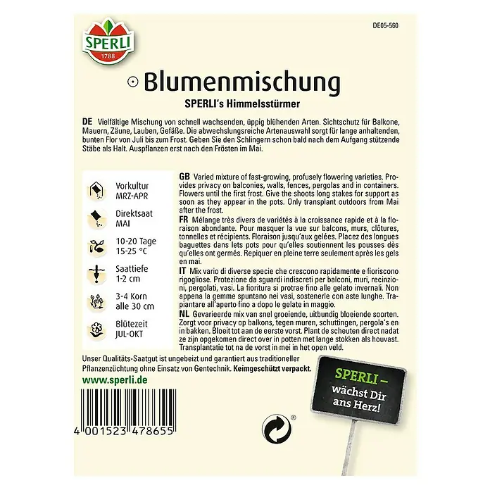 Sperli Blumensamenmischung Schlingpflanze Mischung - Verschiedene Sorten, Mehrfarbig - SPERLI's Blumenmischung Himmelsstürmer: Eine vielfältige Mischung schnell wachsender, üppig blühender Arten für Balkone und Gärten.