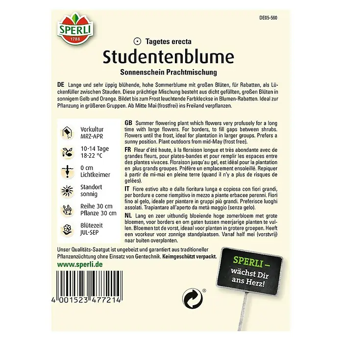 Sperli Blumensamen Studentenblume - Tagetes erecta, Mehrfarbig - Tagetes erecta 'Studentenblume' Samenpackung.