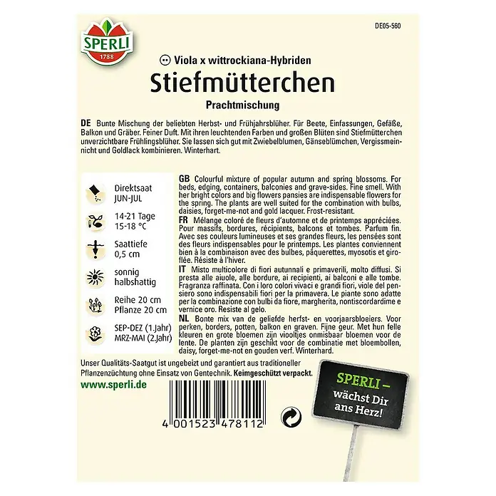 Sperli Blumensamen Stiefmütterchen - Viola x wittrockiana, Mehrfarbig - Abbildung der Samenpackung von Sperli Stiefmütterchen Prachtmischung. Die Packung zeigt die bunten Blüten.