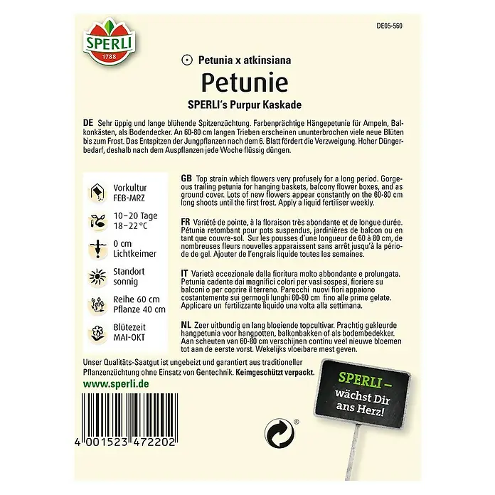Sperli Blumensamen Petunie - Petunia x atkinsiana - Produktbild des „Sperli's Purpur Kaskade“ Petuniensaatguts, ideal für farbenprächtige Ampeln und Balkonkästen.