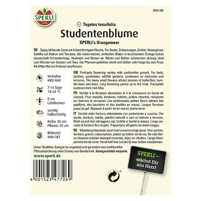 Sperli Blumensamen Studentenblume - Tagetes tenuifolia, Gelb-Orange - Abbildung der Samenpackung Studentenblume, einer üppig blühenden Sorte für Beet, Balkon und Terrasse.