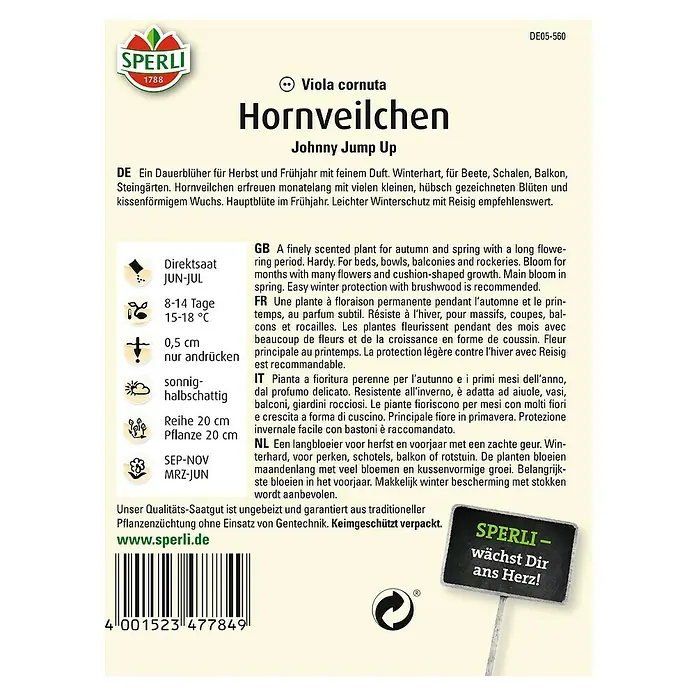 Sperli Blumensamen Hornveilchen - Viola x cornuta, Mehrfarbig - Abbildung der Samenpackung Hornveilchen Johnny Jump Up, eine winterharte Pflanze mit feinem Duft für Garten, Balkon und Beete.