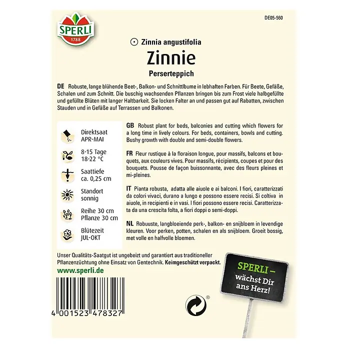 Sperli Blumensamen Zinnie - Zinnia angustifolia, Mehrfarbig - SPERLI Zinnia angustifolia Samenpackung. Robuste, farbenfrohe Zinnie für Beete und Balkone, ideal zum Schneiden und zur Dekoration von Gärten.