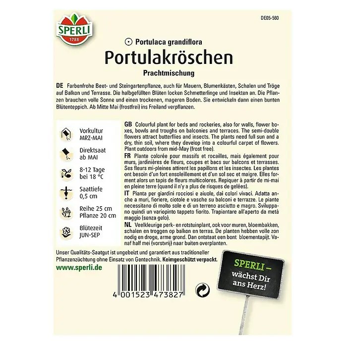 Sperli Blumensamen Portulakröschen - Portulaca grandiflora, Mehrfarbig - SPERLI Portulakröschen-Samenpackung. Farbenfrohe Mischung für Beet, Steingarten und mehr, die Schmetterlinge und Insekten anzieht.