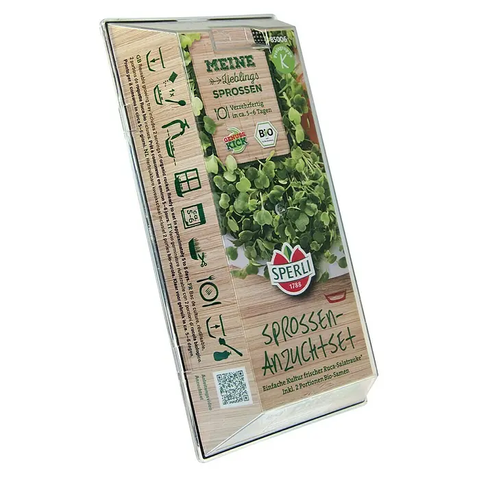 Salatsamen Bio-Salatrauke Sprossen-Anzuchtset - Eruca sativa, Erntezeit: Ganzjährig - Sprossen Anzucht Set von Sperli, mit Ruca-Salatsamen für einfache Sprossenzucht. Inklusive Anleitung und Bio-Samen.