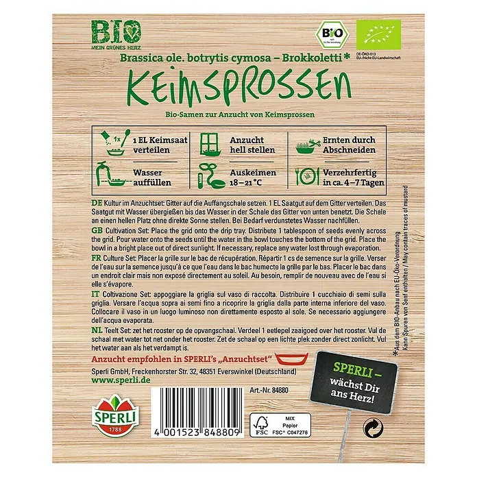 Sperli Gemüsesamen Keimsprossen - Brokoletti, Brassica rapa cymosa, Erntezeit: Ganzjährig - Abbildung der Samenpackung Brokkoli-Keimsprossen von Sperli, mit Anbauhinweisen und Bio-Siegeln.