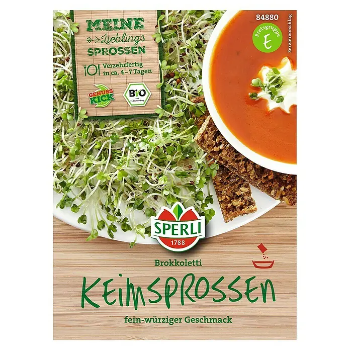 Sperli Gemüsesamen Keimsprossen - Brokoletti, Brassica rapa cymosa, Erntezeit: Ganzjährig - Bild der Sperli Brokkoletti Keimsprossen-Verpackung mit Sprossen, Suppe und Brot.