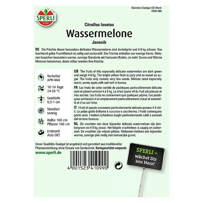 Sperli Obstsamen Wassermelone Janusik - Citrullus lanatus, Erntezeit: August - Abbildung einer Samenpackung der Wassermelone 'Janosik' von Sperli.