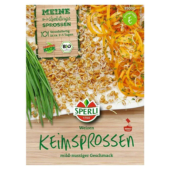 Sperli Gemüsesamen Keimsprossen - Weizen, Triticum aestivum, Erntezeit: Ganzjährig - Abbildung der Verpackung von Sperli Weizen Keimsprossen, die eine milde, nussige Geschmacksnote versprechen.