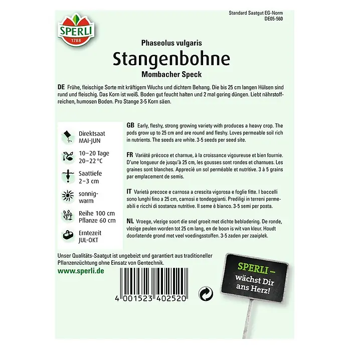 Sperli Gemüsesamen Stangenbohne - Mombacher Speck, Phaseolus vulgaris, Erntezeit: Juli - Samenpackung für 'Mombacher Speck' Stangenbohnen. Frühe, fleischige Sorte für den Gemüsegarten, mit Infos zu Aussaat, Pflege und Ernte.