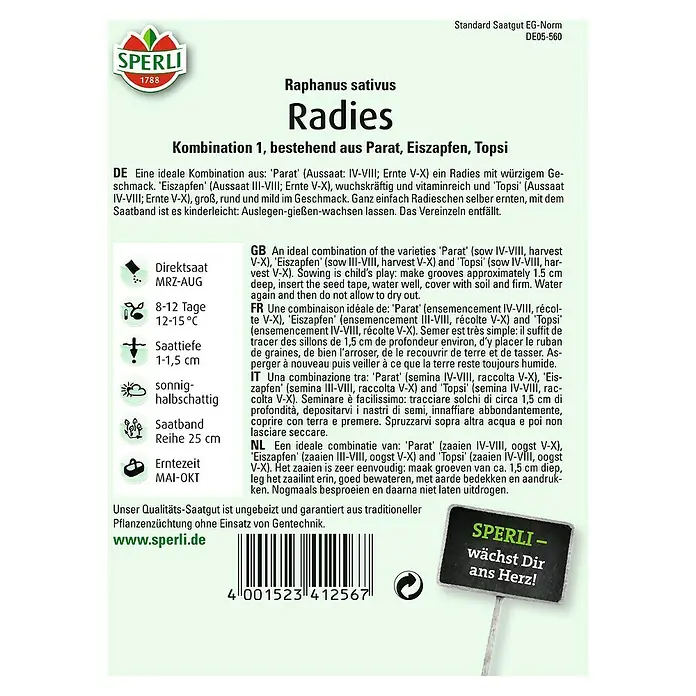 Sperli Gemüsesamen Radies - Kombination I, Raphanus sativus, Erntezeit: Mai - SPERLI Radies Samenpackung. Sorte Raphanus sativus, ideal für knackige Radieschen. Einfache Aussaat, ertragreiche Ernte.
