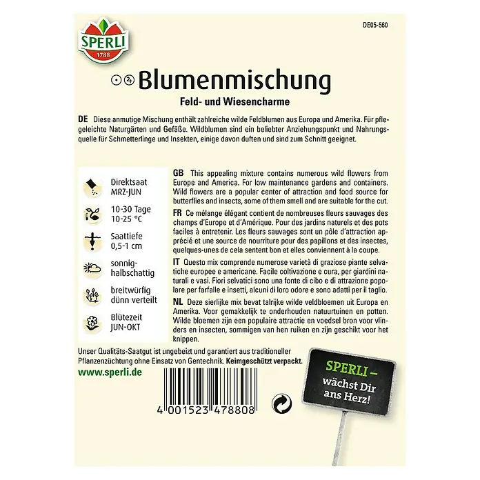 Sperli Wildblumensamen Feld- & Wiesencharme - 3 m² - Samenpackung für eine Blumenmischung von Sperli, ideal für pflegeleichte Naturgärten und Gefäße. Die Mischung enthält zahlreiche wilde Blumen.