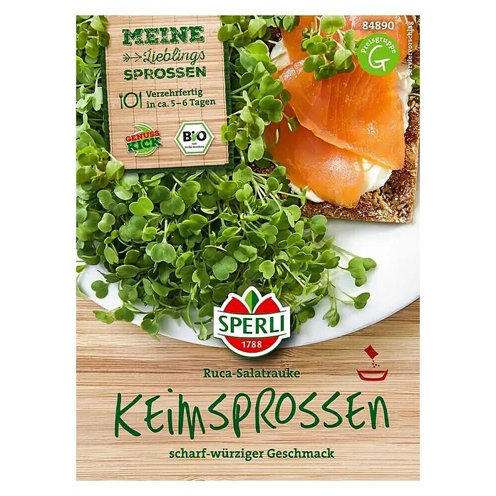 Sperli Salatsamen Bio-Keimsprossen Ruca-Salatrauke - Eruca sativa, Erntezeit: Ganzjährig - Produktbild von "Meine Lieblingssprossen" Ruca-Salatrauke Keimsprossen von Sperli. Scharf-würziger Geschmack für Salate.