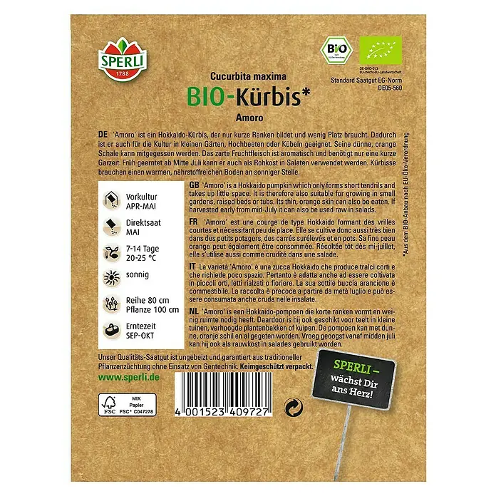 Sperli Gemüsesamen Kürbis - Amoro Bio, Cucurbita maxima, Erntezeit: September - Samenpackung Bio-Kürbis Amoro von Sperli.