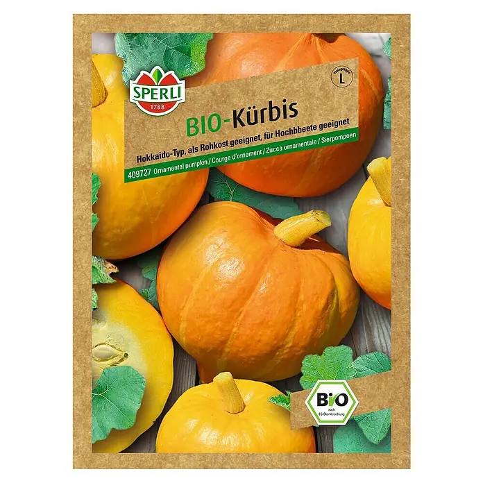 Sperli Gemüsesamen Kürbis - Amoro Bio, Cucurbita maxima, Erntezeit: September - Abbildung der Samenpackung für Bio-Kürbis von Sperli, eine Hokkaido-Sorte, geeignet für Hochbeete.