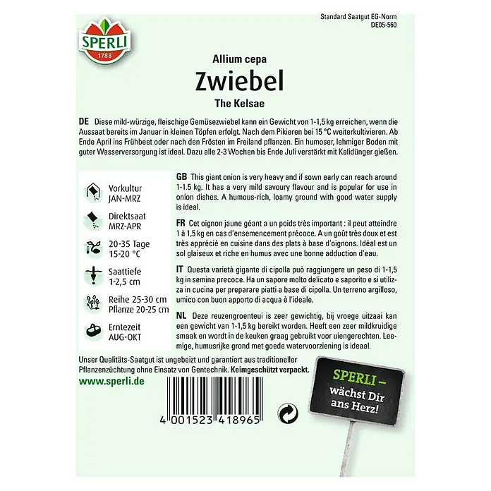 Sperli Gemüsesamen Zwiebel - Allium cepa, Erntezeit: September - Bild einer SPERLI-Samentüte mit dem Bild einer Zwiebel der Sorte 'The Kelsae', einer mild-würzigen Gemüsezwiebel.