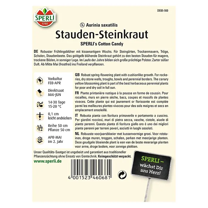Sperli Blumensamen Stauden-Steinkraut - Antirrhinum majus, Saatzeit: Mai - Samenpackung Stauden-Steinkraut 'Cotton Candy' von Sperli. Robuster Frühlingsblüher für Steingärten und Trockenmauern.