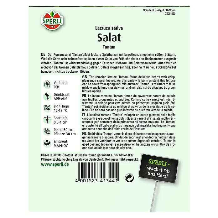 Sperli Salatsamen Romana - Lactuca sativa, Erntezeit: Mai - SPERLI Salatsamen 'Tantan'. Für leckere, knackige Salatherzen, resistent gegen Krankheiten und Schädlinge. Ideal für sonnige Standorte.