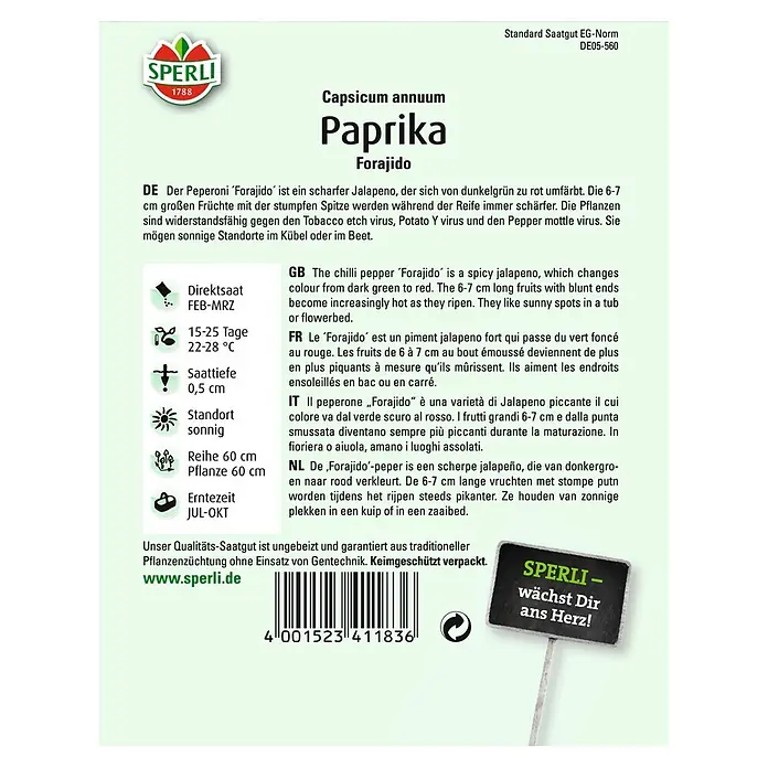 Sperli Gemüsesamen Paprika - Forajido, Capsicum annuum, Erntezeit: Juli - Abbildung der Samenpackung für "Paprika Forajido" von Sperli, einer Paprikasorte mit scharfen, sich färbenden Früchten.