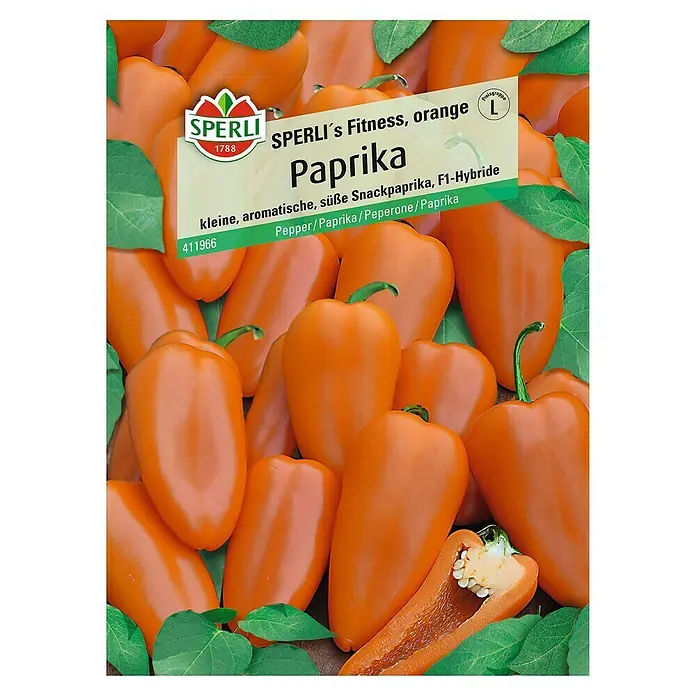 Sperli Gemüsesamen Paprika - Fitness Orange, Capsicum annuum, Erntezeit: Juli - Samenpackung für orangefarbene Sperli's Fitness Paprika, eine aromatische, süße Snackpaprika F1-Hybride.