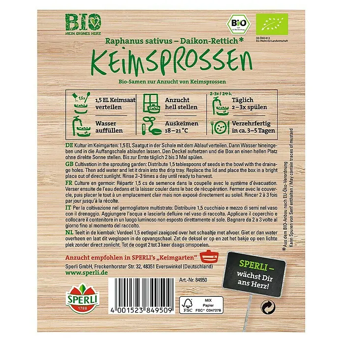 Sperli Gemüsesamen Keimsprossen 'Daikon Rettich' - Daikon Rettich, Raphanus sativus, Erntezeit: Ganzjährig - Samenpackung für Daikon-Rettich-Keimsprossen mit Anbauhinweisen für den eigenen Keimgarten.