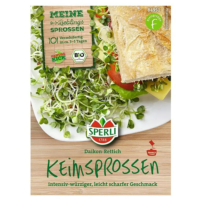 Sperli Gemüsesamen Keimsprossen 'Daikon Rettich' - Daikon Rettich, Raphanus sativus, Erntezeit: Ganzjährig - Abbildung der Sperli Daikon-Rettich-Keimsprossenpackung, die intensiv-würzige Keimsprossen für Salate und Sandwiches verspricht.