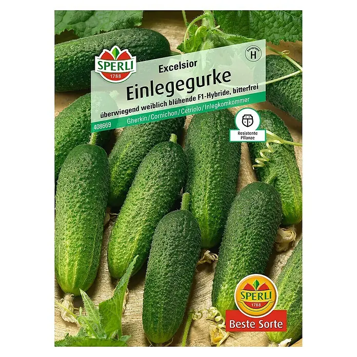 Sperli Gemüsesamen Einlegegurke - Excelsior, Cucumis sativus, Erntezeit: Juli - Abbildung der Samenpackung "Excelsior Einlegegurke", eine bitterfreie F1-Hybride, ideal zum Einlegen.