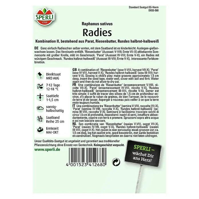 Sperli Gemüsesamen Radies - Kombination II, Raphanus sativus, Erntezeit: Mai - Abbildung der Samenpackung Radieschen.