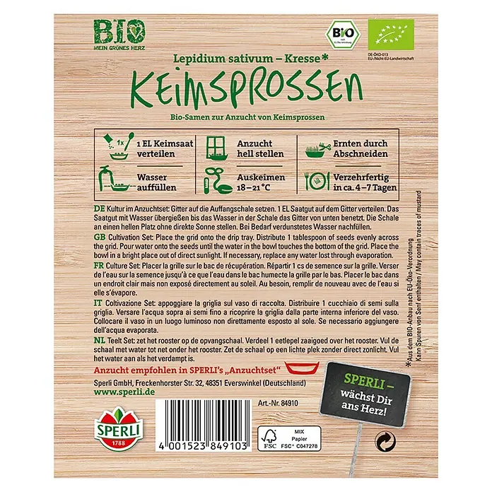 Sperli Gemüsesamen Keimsprossen - Kresse, Lepidium sativum, Erntezeit: Ganzjährig - Die Samenpackung von Sperli Keimsprossen, Bio-Samen zur Anzucht von Keimsprossen. Eine Anleitung zur Aussaat ist abgebildet.