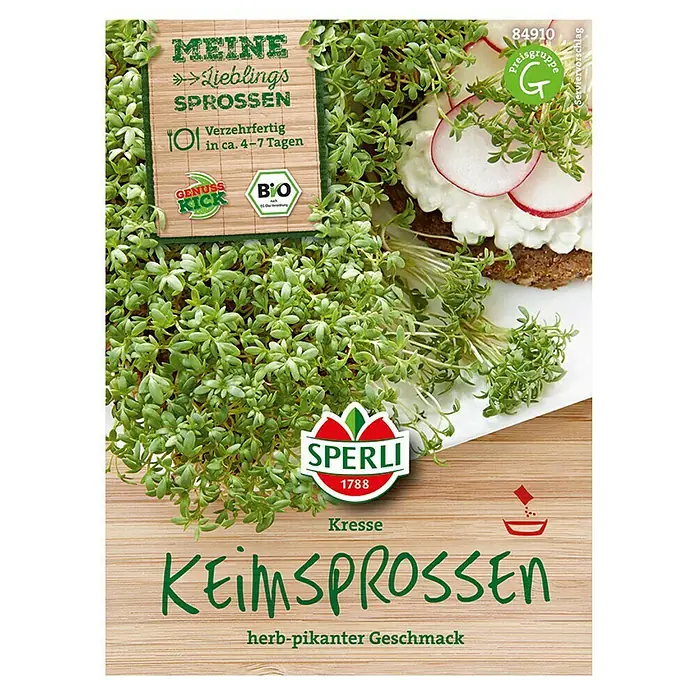 Sperli Gemüsesamen Keimsprossen - Kresse, Lepidium sativum, Erntezeit: Ganzjährig - Abbildung der Kressesprossen-Samenpackung von Sperli, ideal für den Anbau von würzigen Keimsprossen mit herb-pikantem Geschmack.