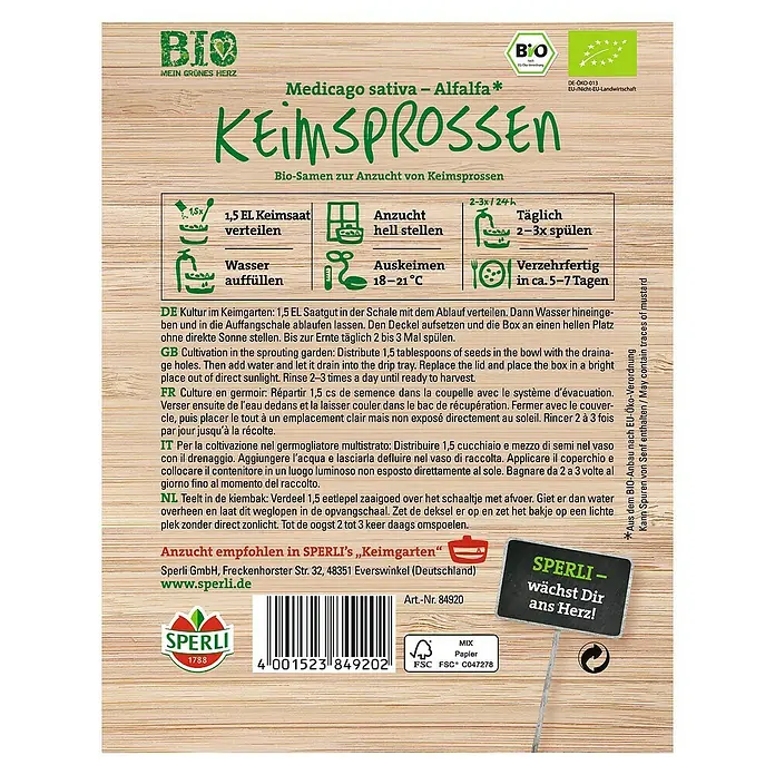 Sperli Gemüsesamen Keimsprossen - Alfalfa, Medicago sativa, Erntezeit: Ganzjährig - Alfalfa-Keimsprossen-Samenpackung von Sperli mit Anweisungen zur Aussaat, Keimung und zum Verzehr.