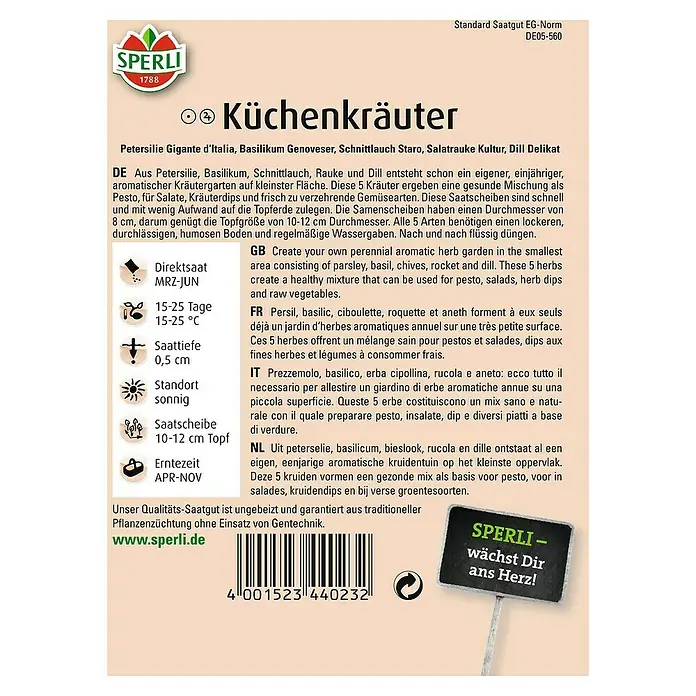 Sperli Kräutersamen Küchen-Kombi - Verschiedene Sorten, Saatzeit: März, Erntezeit: April - SPERLI Küchenkräuter-Saatgutpackung mit Informationen zu Aussaat, Standort und Erntezeit.