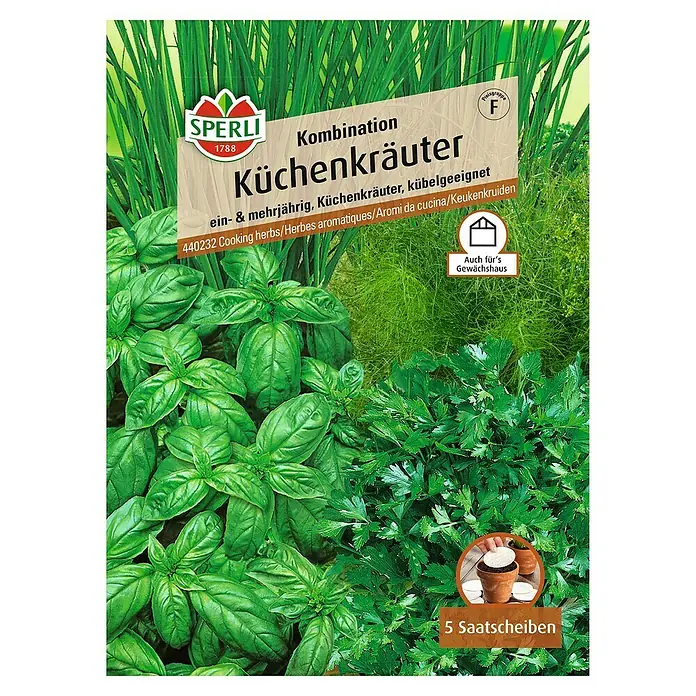 Sperli Kräutersamen Küchen-Kombi - Verschiedene Sorten, Saatzeit: März, Erntezeit: April - Eine Samenpackung "Küchenkräuter Kombination" von Sperli, ideal für den Anbau verschiedener Küchenkräuter, ein- & mehrjährig.
