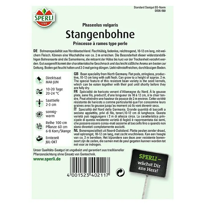 Sperli Gemüsesamen Stangenbohne - Princess à rames type perle, Phaseolus vulgaris, Erntezeit: Juli - Produktbild der Samenpackung 'Stangenbohne Princesse' von Sperli. Ideal für den Anbau von ertragreichen, fadenlosen Stangenbohnen im eigenen Garten.