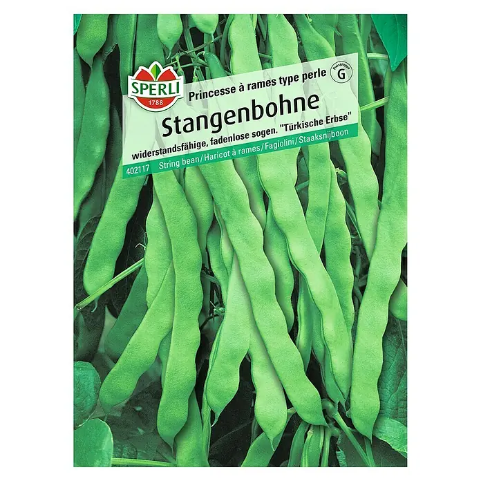 Sperli Gemüsesamen Stangenbohne - Princess à rames type perle, Phaseolus vulgaris, Erntezeit: Juli - Samenpackung Stangenbohne "Prinzess" mit dem Logo der Firma Sperli.