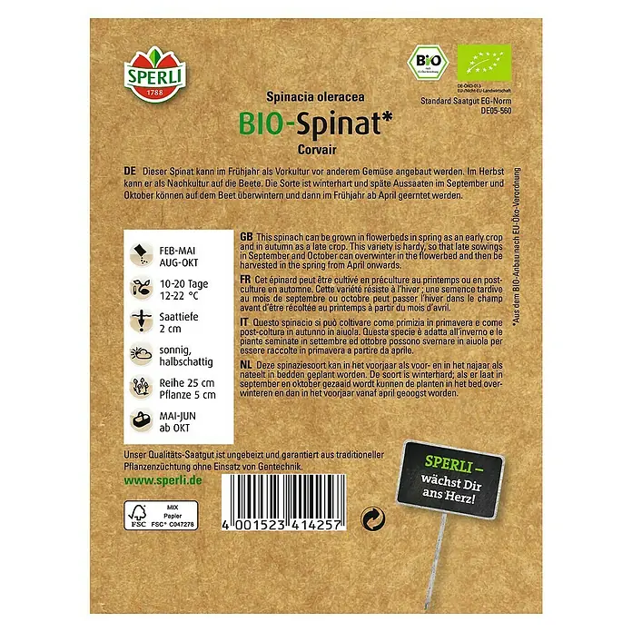 Sperli Gemüsesamen Spinat 'Corvette' - Spinacia oleracea, Erntezeit: Mai - Samenpackung Bio-Spinat "Corvair" von Sperli: Winterharte Sorte für Frühjahr- und Herbstanbau.